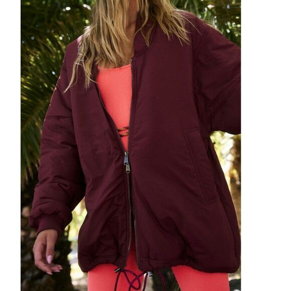New Free People FP MOVEMENT Midnight Moon Solid Bomber Jacket $198 LARGE Wine - Picture 3 of 8